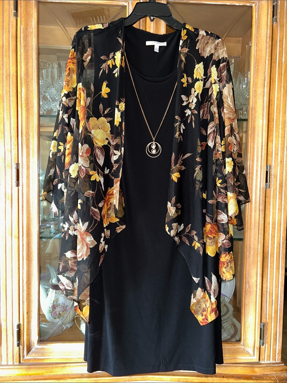 NEW without tag -Studio One NY Black Dress with Sheer Floral Jacket & necklace